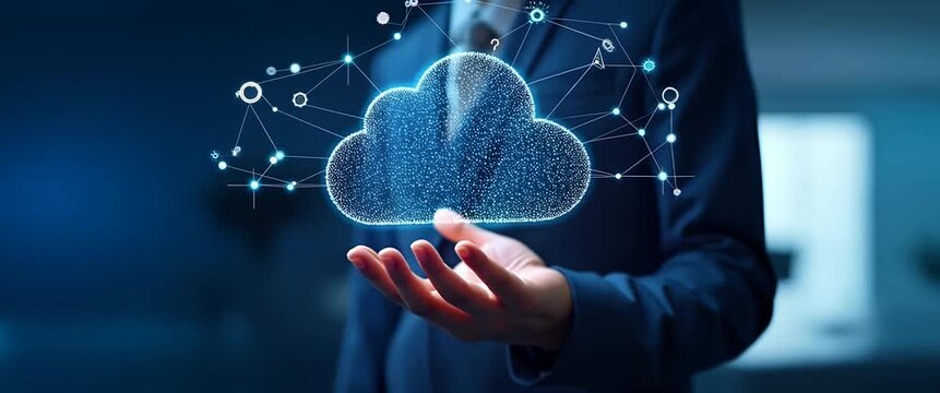 Businessman holding digital cloud icon in a modern office setting; camera slowly pans as ambient lights flicker, creating a cinematic representation of innovation and technology.
