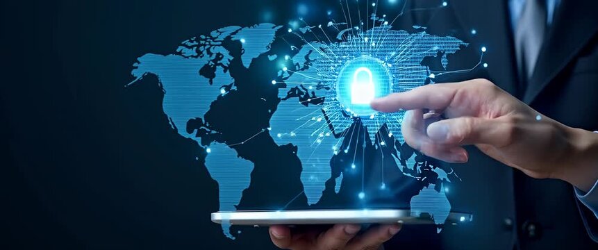 A business professional interacts with a digital tablet as a global network map animates, showcasing cybersecurity concepts; the camera gently pans across in a cinematic style.