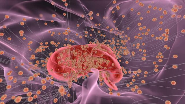 Detailed illustration of a parasitic infection with amoeba and surrounding cellular structures in pink tones.