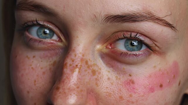 Extreme closeup of a womans face highlighting natural skin texture, freckles, and subtle redness.
