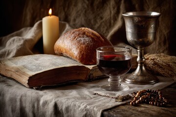 Still life of sacred objects with Bible, bread and wine on a wooden table by candlelight