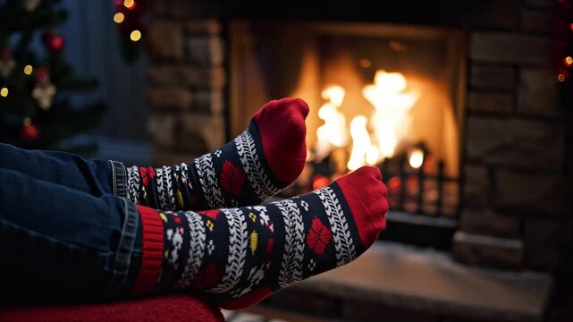 Cozy feet in patterned socks rest near a warm, inviting fireplace during the holidays.