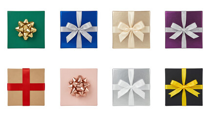 Obraz premium Gift box set including green, blue, gold, purple, kraft, pink, silver, and black presents with decorative bows and ribbons. Celebration and holiday surprise collection.
