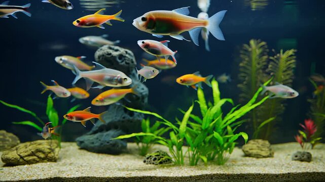 Vibrant school of colorful freshwater fish swimming peacefully within a beautifully decorated aquarium environment.