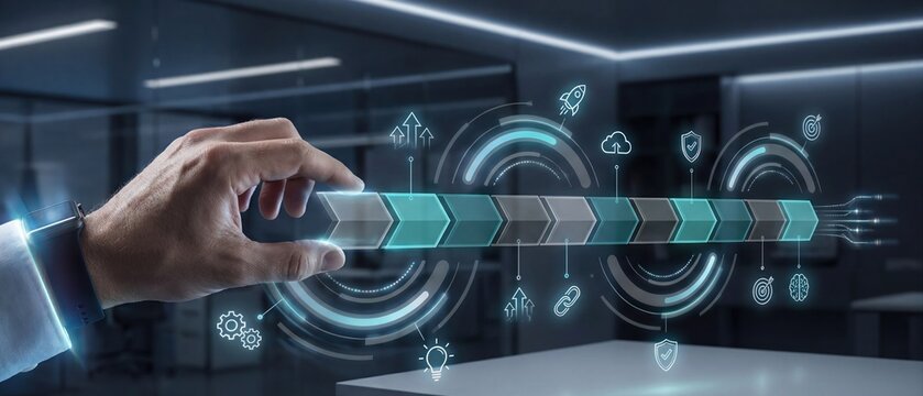 Digital transformation business strategy workflow optimization technology roadmap project management innovation process data visualization in modern corporate environment.