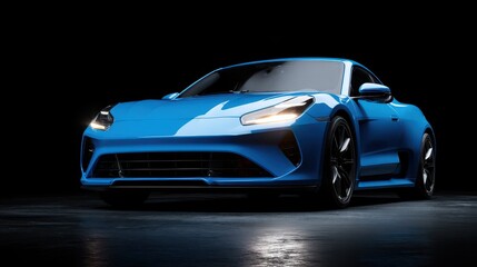 Naklejka premium Studio shot of a modern blue sports car with soft illumination against a dark backdrop