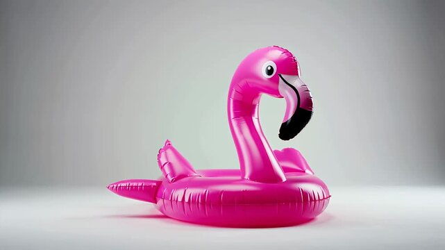 Bright pink inflatable flamingo float isolated on a clean, neutral gray studio background for summer concepts.