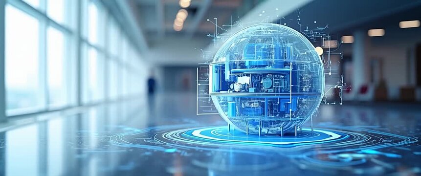 Futuristic digital globe rotates slowly in a modern office, with a gentle camera pan revealing innovative technology and holographic interface, in a sleek, cinematic style.