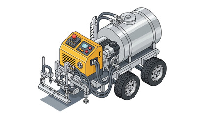 Technical drawing of a yellow and silver industrial floor scrubber with a large tank on wheels