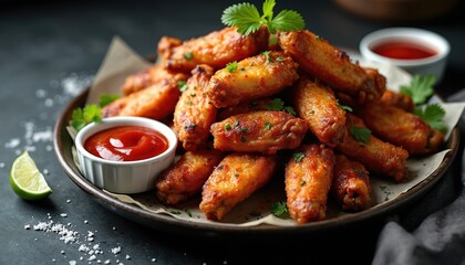 Fototapeta premium Pile of spicy grilled chicken wings served with ketchup dip and lime wedge on dark plate. Cooked poultry dish garnished with parsley herb for meal.