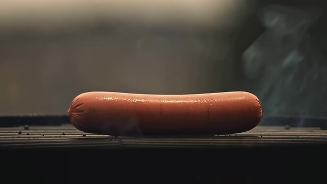 A freshly grilled hot dog rests on wooden planks with wisps of smoke rising nearby.