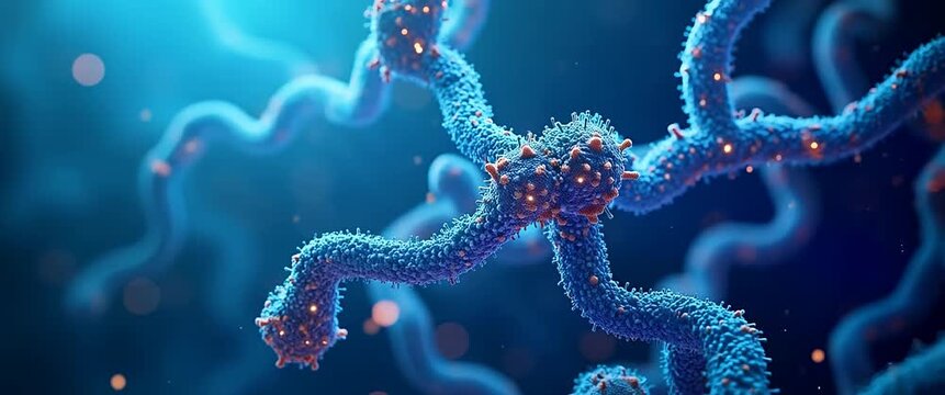 Dynamic DNA strands twist gracefully as the camera slowly pans across a vivid, microscopic landscape, capturing the intricate molecular motion in a cinematic, science-focused style.