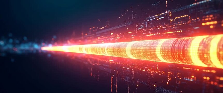 Futuristic digital data stream flows dynamically across a high-tech server room; the camera slowly pans to reveal a network of glowing nodes, creating a cinematic, tech-inspired ambiance.