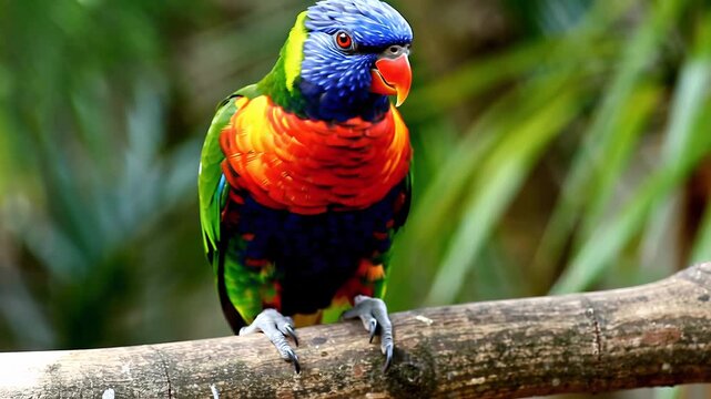 A vibrant rainbow lorikeet perches gracefully on a tree branch in a lush, tropical environment.