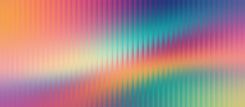 Abstract multicolor gradient background with fluted glass effect. Vector texture featuring vertical ribbed lines and blurred refraction in orange, purple and teal tones.