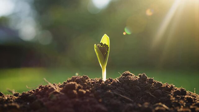 A tiny green sprout emerges from rich dark soil, symbolizing new life and hopeful beginnings.