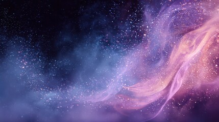 Naklejka premium Surreal digital painting of a dark canvas with radiant purple-pink vapor, glitter smoke, and floating sparkles