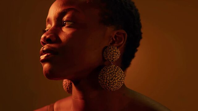 Dramatic studio portrait of a beautiful Black woman looking upwards with striking golden lighting.