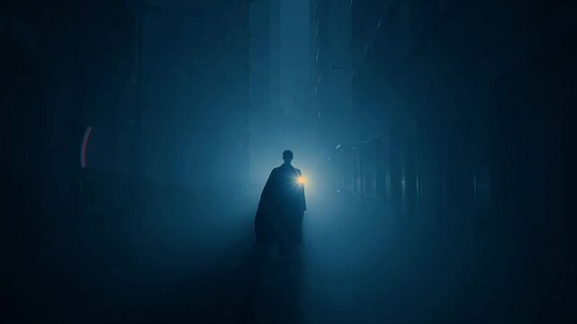 A lone figure stands silhouetted in a mysterious, foggy city street at night, creating a dramatic scene.