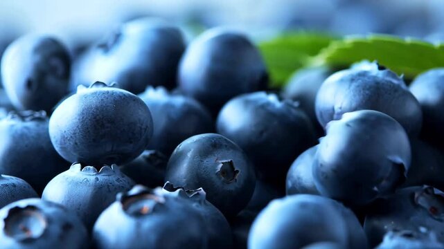 Closeup of fresh, ripe blueberries with vibrant green leaves, showcasing a healthy and delicious harvest.