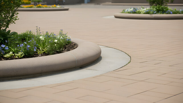 Curved brick planters and pathways in a garden or park setting