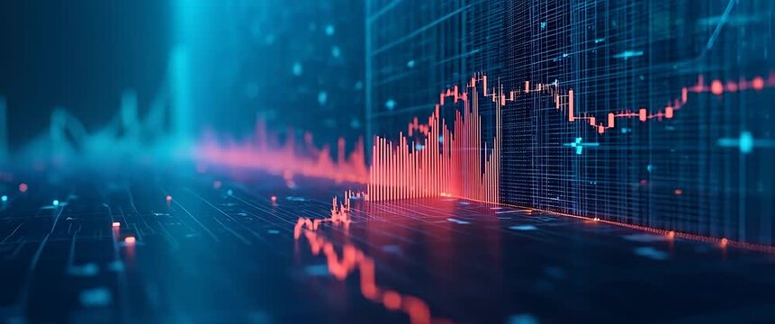 Cinematic stock market analysis with animated graphs fluctuating dynamically; camera smoothly pans across glowing financial data, evoking a futuristic ambiance with strategic copy space.