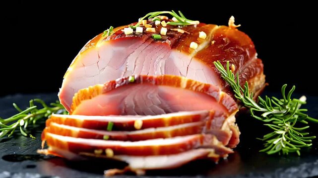 Delicious glazed ham with rosemary and scallions, beautifully presented for a festive holiday meal.