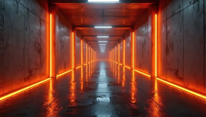 Fototapeta premium Long corridor with orange neon lights. Concrete walls and wet floor reflect bright lamps creating futuristic atmosphere. Path leads into foggy distance.