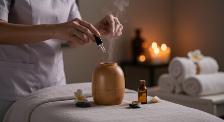 Woman in uniform preparing an aromatherapy diffuser by adding essential oil. Relaxing and cozy spa atmosphere for wellness and self-care.