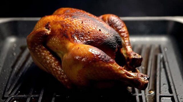 Delicious roasted whole chicken sits on a black grill, ready to be served for a family meal.