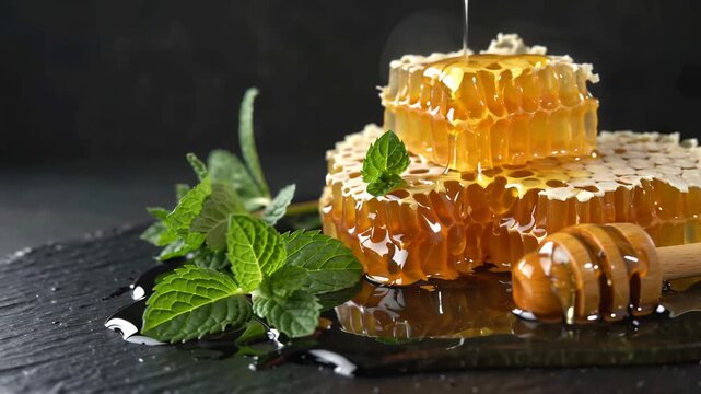 Golden honeycomb dripping with sweet honey sits beside fresh mint leaves on a dark surface.