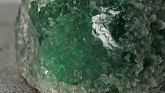 Closeup macro shot of vibrant green and clear crystal formations, showcasing natural beauty.