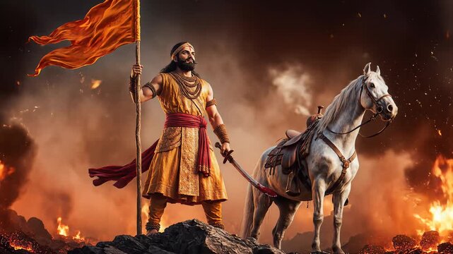 Chhatrapati Shivaji Maharaj Warrior King with Flag and Horse on Battlefield