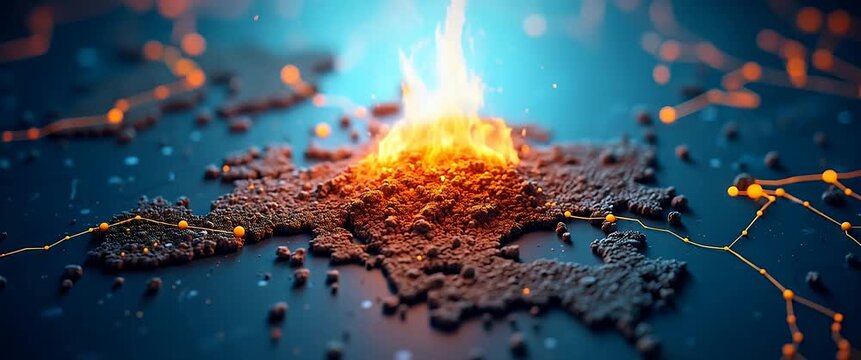 Cinematic visualization of a digital map igniting into flames, with a slow pan revealing dynamic pathways and glowing nodes, illustrating the concept of global connectivity and crisis.