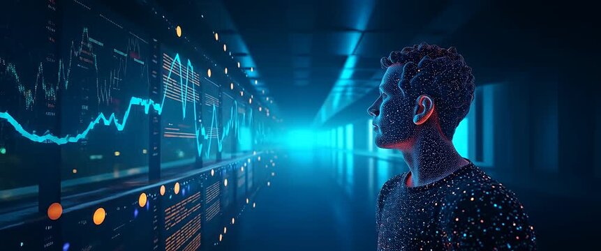 Futuristic digital interface in a dimly lit room, a person studies fluctuating data charts on a large screen, camera slowly pans, ambient lights flicker, in a cinematic, tech-focused style.