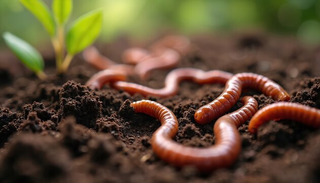 Several earthworms wriggle in the dirt, enriching ground. Plant sapling grows in soil. Macro shows key roles worms play in garden. Vermiculture shows eco friendly bio waste disposal in action.