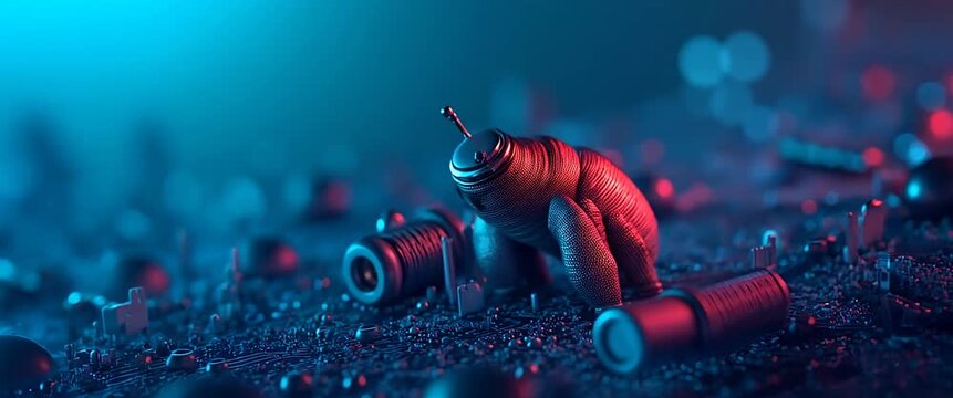 A futuristic robot beetle gently shifts on a glowing microchip landscape, with the camera slowly panning to reveal intricate circuit details in a cinematic, high-tech ambiance.
