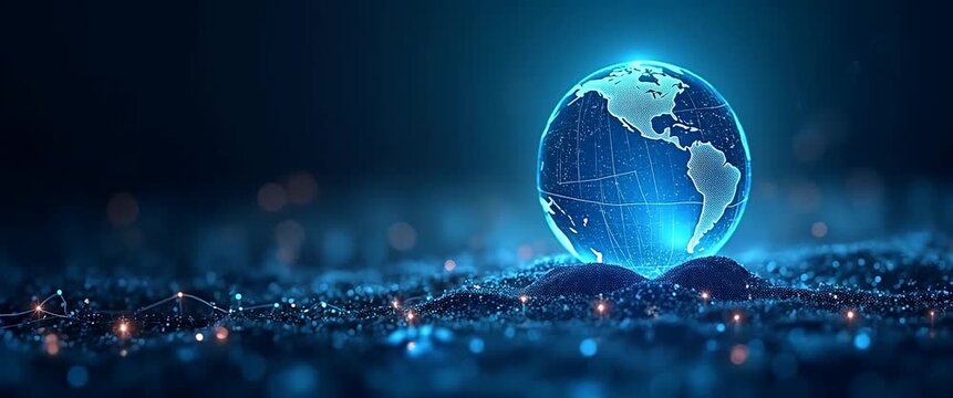 A glowing globe gently rotates amidst a futuristic digital landscape, with dynamic light patterns flickering, captured in a cinematic slow pan, perfect for technology and innovation themes.