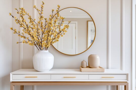 Interior vignette of an entryway console table, large round mirror leaning on wall, vase with tall branches, muted colors, elegant contemporary styling