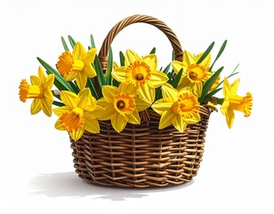 A Wicker Basket Overflowing with Bright Yellow Daffodils.
