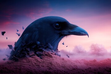 Naklejka premium Raven emerges from earth at dawn with trees and fog in the background