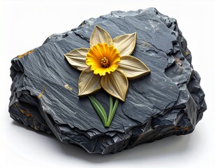 A single daffodil flower artfully placed on a dark slate rock.