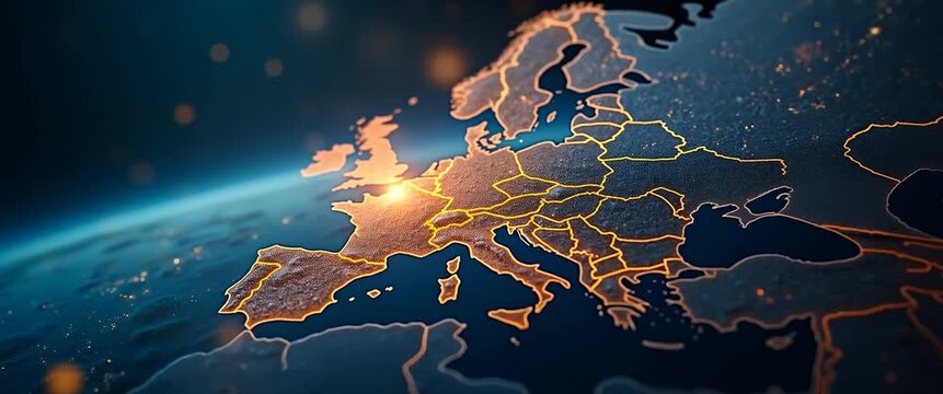 Cinematic view of Europe from space with glowing network lines, lights flickering gently across the continent, while the camera slowly pans over the illuminated map, capturing global connectivity.