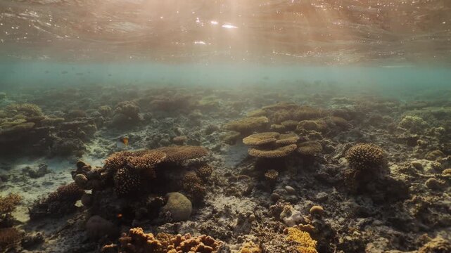 Underwater scene of a vibrant coral forest meadow glowing in warm golden sunset light, sun rays filtering through clear water as colorful tropical fish swim peacefully among the reefs below surface.