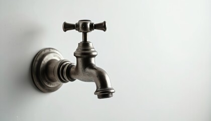 Vintage metal faucet mounted on wall. Classic plumbing fixture, silver tap with cross handles. Simple design for bathroom or kitchen interior detail.