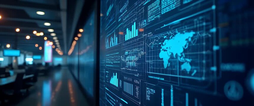 Cinematic scene of digital data dashboard with animated graphs and global maps, camera slowly pans across the interface, ambient office lights flicker softly in the background.