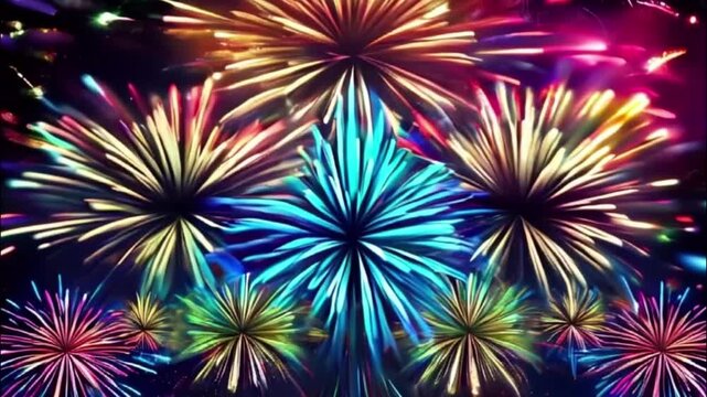 Festive brightly colorful fireworks on twilight background high in sky