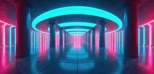 Obraz premium Empty futuristic hall with vibrant neon lights. Pink, blue glowing strips illuminate concrete room, reflecting on shiny floor. Pillars create depth in modern tech space, digital environment with