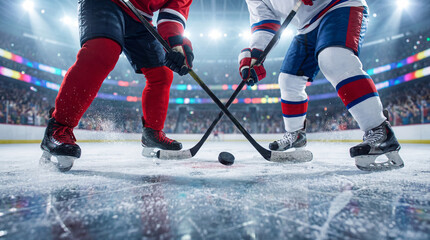 Obraz premium Ice hockey face off promotion scene with two players battling for the puck on a crowded arena rink.