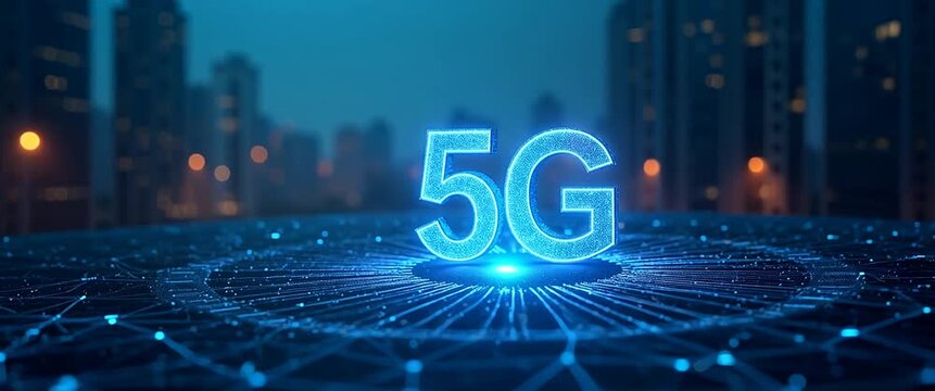Futuristic cityscape with glowing 5G network, digital connections pulsate across the scene; camera smoothly pans over a vibrant, illuminated grid, creating a cinematic technology showcase.